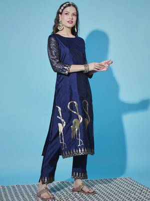 Navy blue cotton silk jacquard designer festive wear readymade suit 2