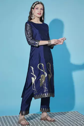 Navy blue cotton silk jacquard designer festive wear readymade suit