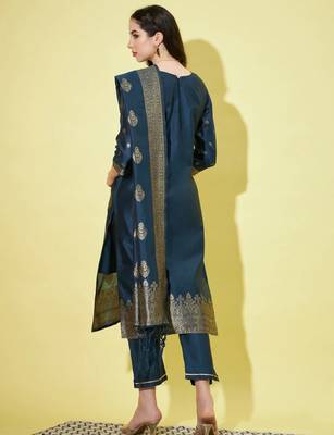 Blue cotton silk jacquard designer festive wear readymade suit 4