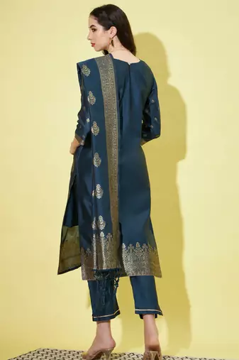 Blue cotton silk jacquard designer festive wear readymade suit