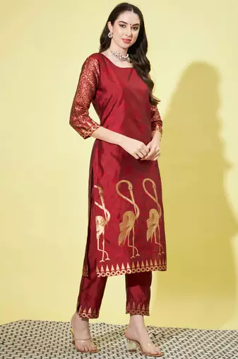 Maroon cotton silk jacquard designer festive wear readymade suit