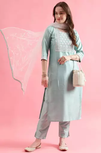 Seagreen silk blend designer festive wear readymade suit