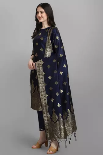 Navy-blue cotton silk jacquard designer festive wear readymade suit