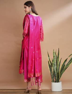 Pink cotton silk jacquard designer festive wear readymade suit 3
