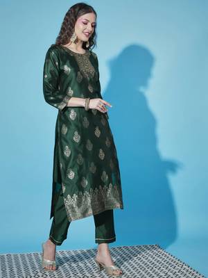 Green cotton silk jacquard designer festive wear readymade suit 3