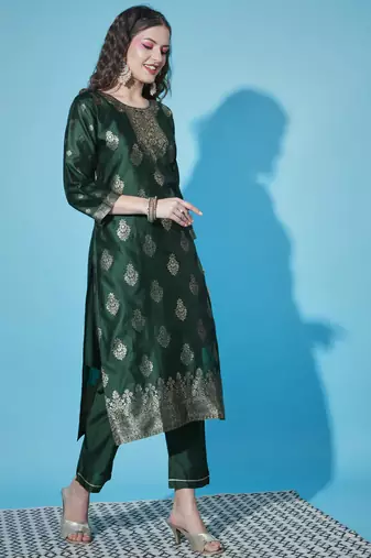 Green cotton silk jacquard designer festive wear readymade suit