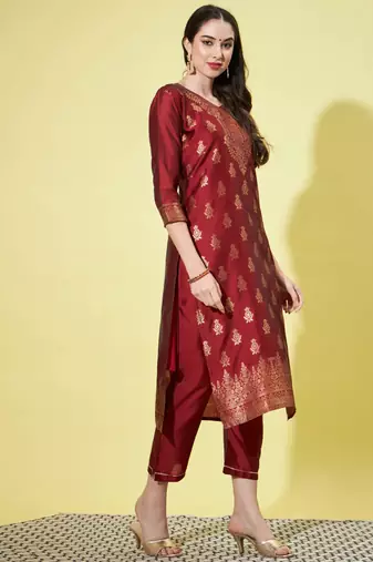 Maroon cotton silk jacquard designer festive wear readymade suit