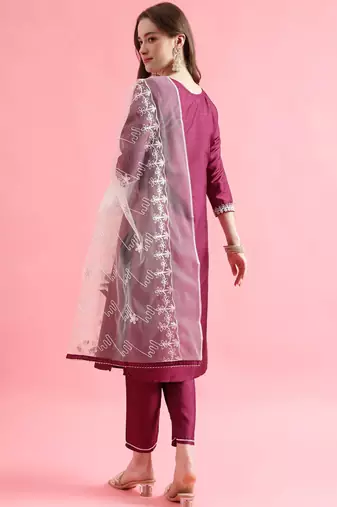 Purple silk blend designer festive wear readymade suit