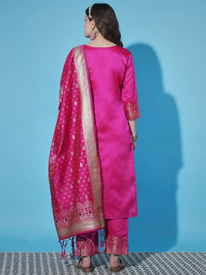 Pink cotton silk jacquard designer festive wear readymade suit 4