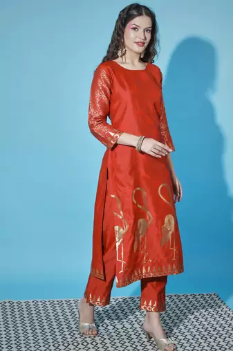 Red cotton silk jacquard designer festive wear readymade suit
