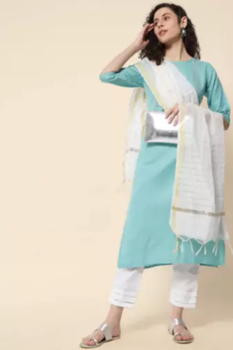 Firozi cotton blend designer festive wear readymade suit