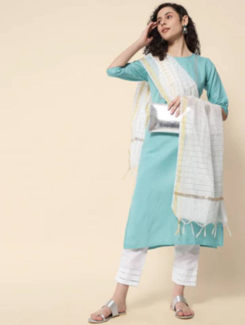 Firozi cotton blend designer festive wear readymade suit