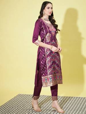Purple cotton silk jacquard designer festive wear readymade suit 3
