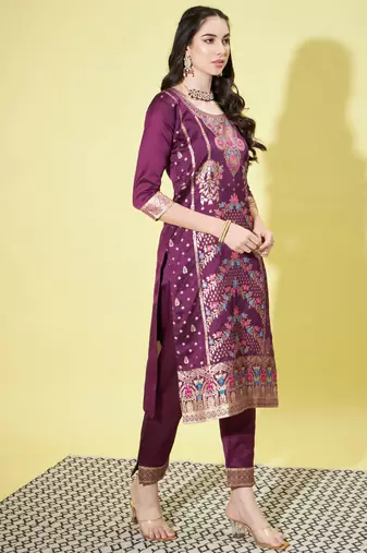 Purple cotton silk jacquard designer festive wear readymade suit