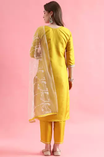 Yellow silk blend designer festive wear readymade suit