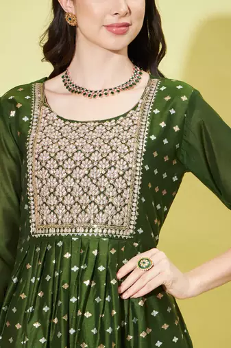 Mehendi green chanderi modal butti designer festive wear readymade suit