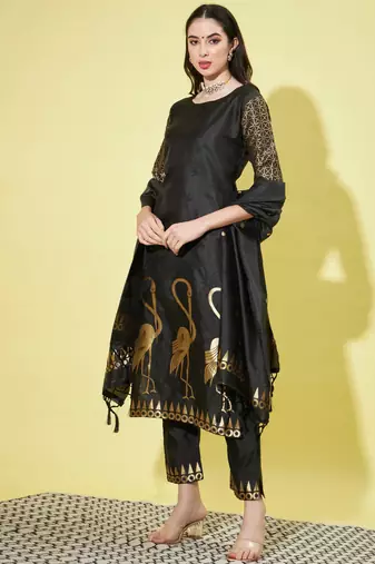 Black cotton silk jacquard designer festive wear readymade suit