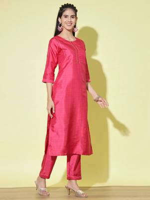 Cherry-red cotton silk blend designer festive wear readymade suit 3