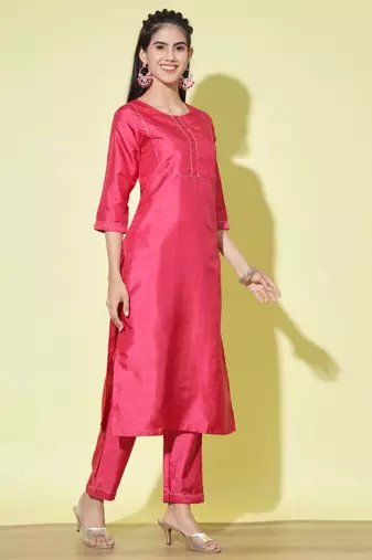 Cherry-red cotton silk blend designer festive wear readymade suit