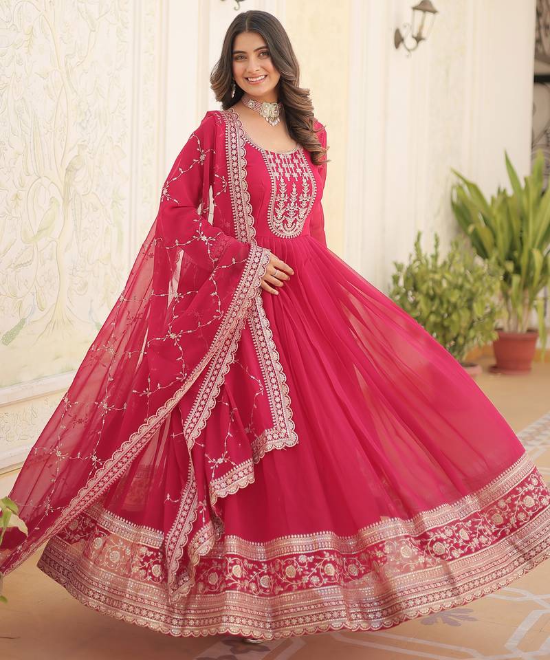 Pink faux blooming georgette designer festive wear readymade suit