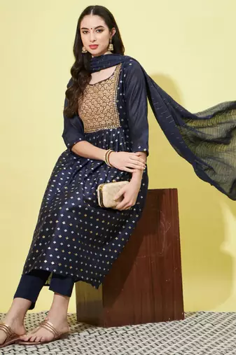 Navy blue chanderi modal butti designer festive wear readymade suit