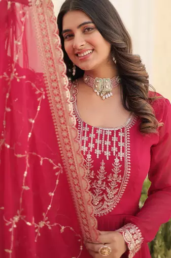 Pink faux blooming georgette designer festive wear readymade suit