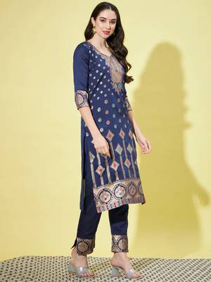 Blue cotton silk jacquard designer festive wear readymade suit 3