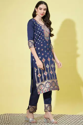 Blue cotton silk jacquard designer festive wear readymade suit