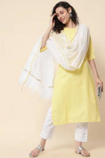 Yellow cotton blend designer festive wear readymade suit