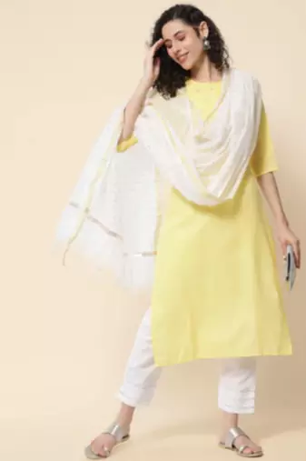 Yellow cotton blend designer festive wear readymade suit