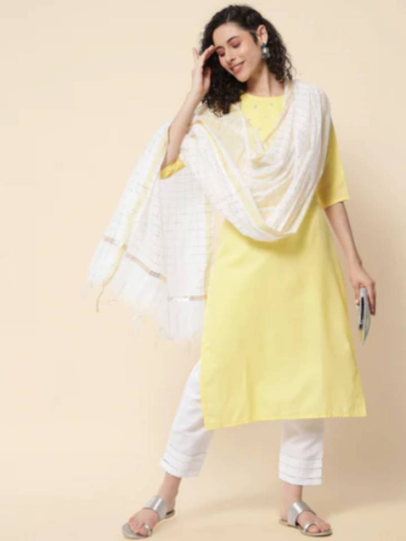 Yellow cotton blend designer festive wear readymade suit