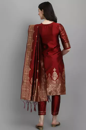 Maroon cotton silk jacquard designer festive wear readymade suit