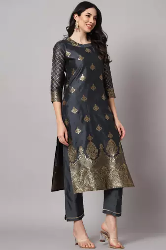 Grey cotton silk jacquard designer festive wear readymade suit