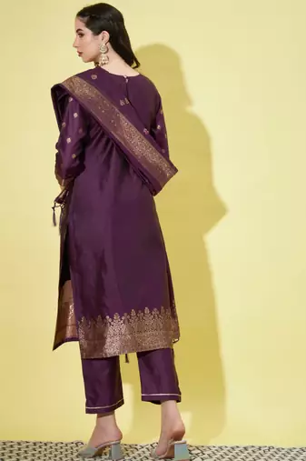 Purple cotton silk jacquard designer festive wear readymade suit