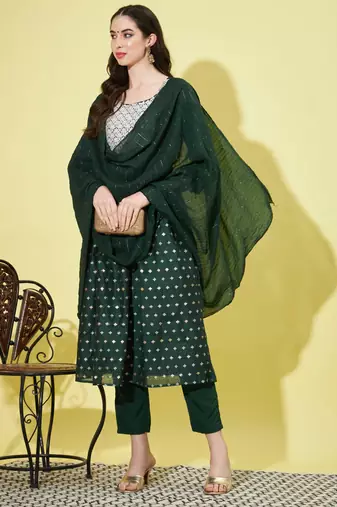 Green chanderi modal butti designer festive wear readymade suit