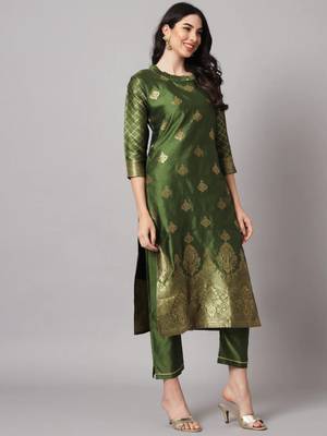 Mehandi cotton silk jacquard designer festive wear readymade suit 3
