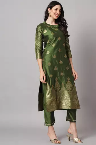 Mehandi cotton silk jacquard designer festive wear readymade suit