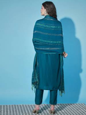 Teal cotton silk jacquard designer festive wear readymade suit 4