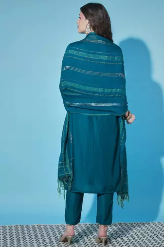 Teal cotton silk jacquard designer festive wear readymade suit