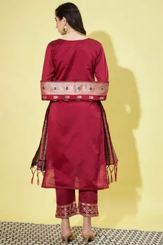 Maroon cotton silk jacquard designer festive wear readymade suit