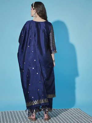 Navy blue cotton silk jacquard designer festive wear readymade suit 3