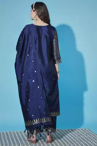 Navy blue cotton silk jacquard designer festive wear readymade suit