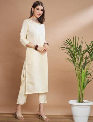 Cream cotton silk blend designer festive wear readymade suit 3