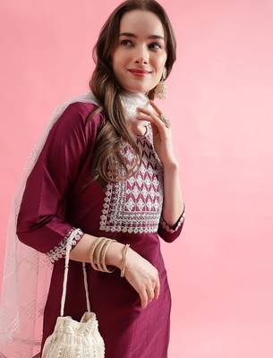 Purple silk blend designer festive wear readymade suit 4
