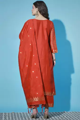 Red cotton silk jacquard designer festive wear readymade suit