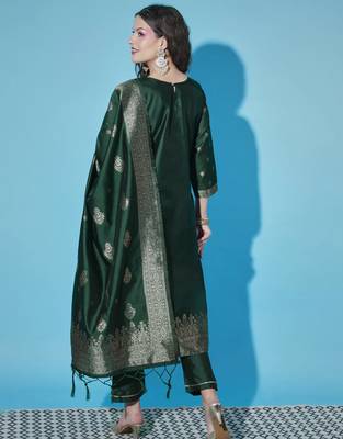 Green cotton silk jacquard designer festive wear readymade suit 4