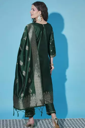 Green cotton silk jacquard designer festive wear readymade suit