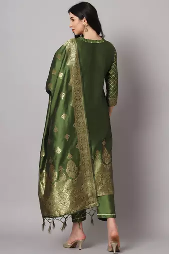 Mehandi cotton silk jacquard designer festive wear readymade suit