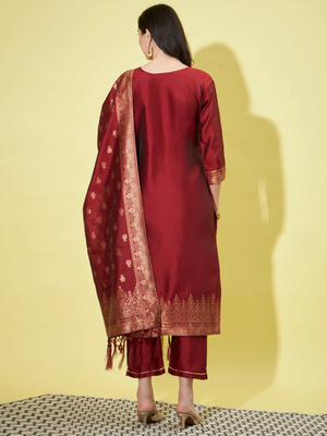 Maroon cotton silk jacquard designer festive wear readymade suit 4