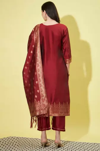 Maroon cotton silk jacquard designer festive wear readymade suit